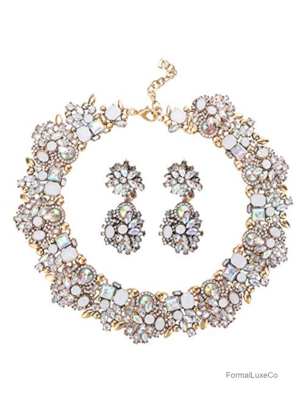 Chunky Rhinestone Bib Statement Necklace and Earrings Set for Women Vintage